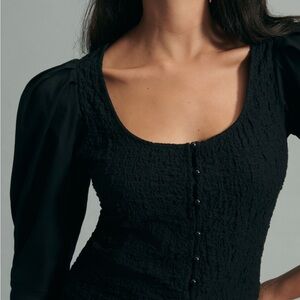 Anthropologie Black Button-Up Puff Sleeve Top Cardigan